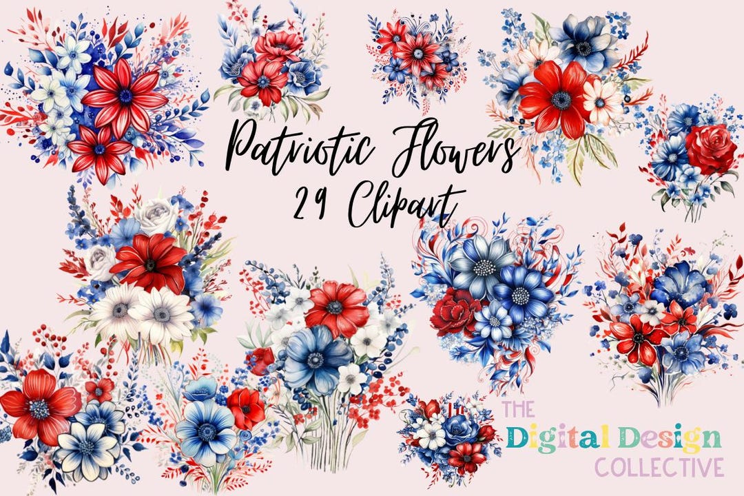 4th of July Watercolor Flowers Clipart, Red Blue Gold Floral Watercolor ...
