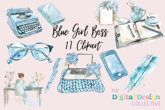 Blue Girl Boss Clipart Boss Lady Clipart- Feminine Office Decor, Boss Lady Art, Digital Download, High-Res PNG Files, POD Clipart, Planner