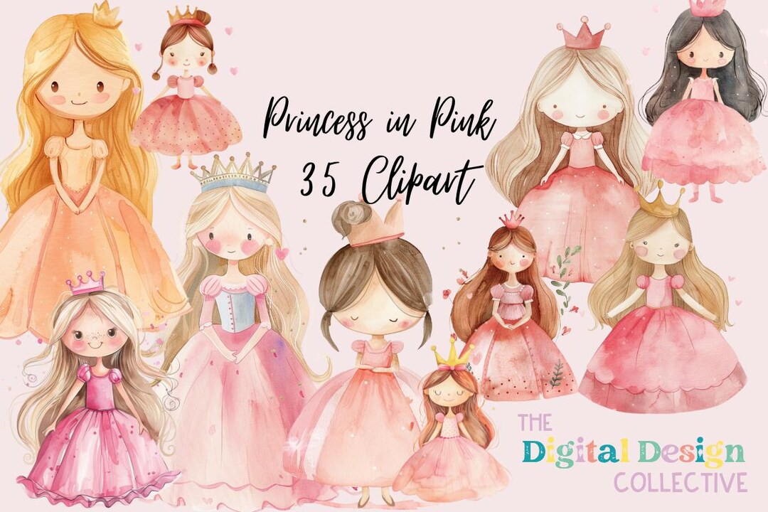 Pink Princess Clipart, Watercolor Princess Clipart Bundle, Fantasy ...