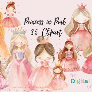 Puede incluir: Un conjunto de 35 ilustraciones de acuarela de princesas con vestidos rosas y coronas. Las princesas tienen diferentes peinados y expresiones. El texto "Princess in Pink 35 Clipart" está escrito en negro en la parte superior de la imagen.