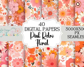 Retro Groovy Pink Flowers Documenti digitali senza soluzione di continuità Documenti digitali senza soluzione di continuità download immediato file cartaceo digitale per tessuti POD stampabile
