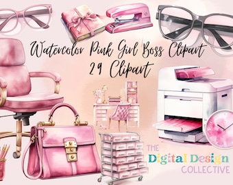 Watercolor Pink Girl Boss Clipart Bundle - Feminine Office Decor, Boss Lady Art, Digital Download, High-Res PNG Files, POD Clipart, Planner