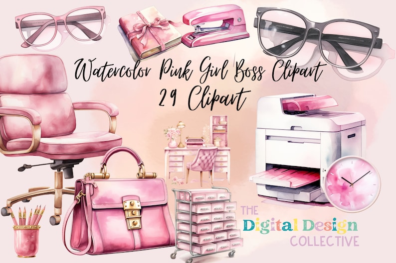 May include: Watercolor clipart set featuring pink office supplies, including a chair, a handbag, a stapler, a notebook, glasses, a printer, a clock, a desk, a chair, and a filing cabinet. The text "Watercolor Pink Girl Boss Clipart 29 Clipart" is visible in the image.
