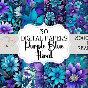 Könnte beinhalten: 30 digitale Papiere mit einem nahtlosen Muster aus lila und blauen Blumen. Die Papiere sind 3000x3000 Pixel groß.