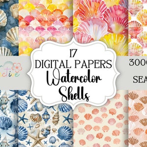 Acuarela Sea Shells Seamless Patterns descarga instantánea de archivos de papel digital para telas POD