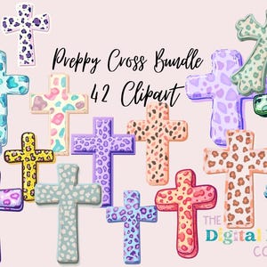 Pode incluir: Um conjunto de 42 imagens de clipart digitais de cruzes em várias cores e padrões, incluindo estampa de leopardo, bolinhas e listras. O texto "Preppy Cross Bundle" e "42 Clipart" é visível na imagem.