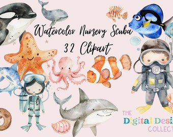 Cute Scuba Diving Watercolor Clipart - Scuba Dive Clipart - Underwater Clipart - Sea Creatures - Clipart For Kids - Unlimited Sales License