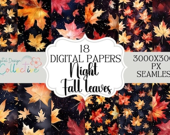 Seamless Fall Leaves Night Papers, Repeating Digital Pattern, Digital Background, Commercial Use, Instant Download, POD Seamless