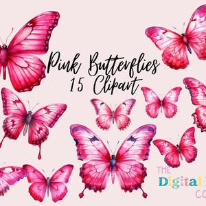 Borboletas cor-de-rosa aquarela clipart, borboleta e flor PNG, clipart floral, borboletas florais de primavera, clipart de borboleta, casamento faça você mesmo