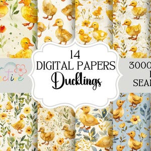 May include: A set of 14 digital papers featuring watercolour illustrations of yellow ducklings with green leaves and flowers on a white background. The papers are 3000x3000 pixels and seamless.