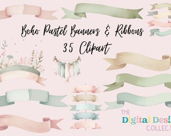 Banners y cintas pastel de primavera boho - Descarga de banner de tela de acuarela - Descarga instantánea - Banners pastel de acuarela falsa