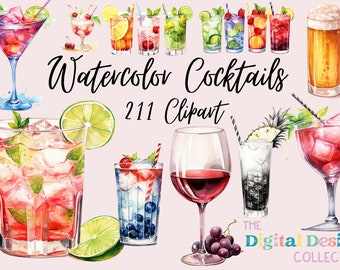 Op de afbeelding: Waterverf illustraties van verschillende cocktails, waaronder margaritas, mojitos en wijn. De illustraties zijn in een levendige, kleurrijke stijl en zijn perfect voor gebruik in digitale ontwerpen of gedrukte materialen. De tekst "Watercolor Cocktails 211 Clipart" is ook in de afbeelding opgenomen.