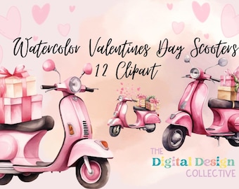 Watercolor Scooter Clipart Bundle, Romantic Clipart, Watercolor Heart Balloon Clipart, Watercolor Scooters Clipart PNGs, Valentine Day