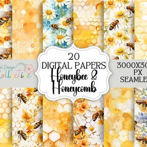 Fondo de abejas con acuarela sin costuras - Papeles de álbum de recortes de abejas - Papeles de fiesta de miel de abejas - Descarga instantánea