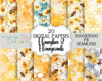 Watercolor Seamless Honeybee Bundle Honey Bee Background - Honey Bees Scrapbook Papers - Bees Honey Party Papers - Instant Download