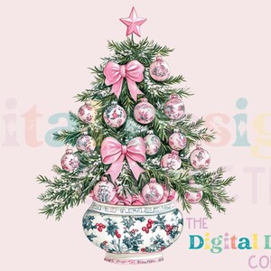 Chinoiserie-kerstboom met roze strik, png //Pink Christmas-png // Chinoiserie-kerst // Grandmillenial-kerst / Zuiderse kerst