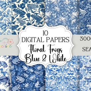 Seamless Floral Frogs Blue & White Chinoiserie Floral Digital Paper, seamless French flower patterns, blue and white, Chinese, sublimation