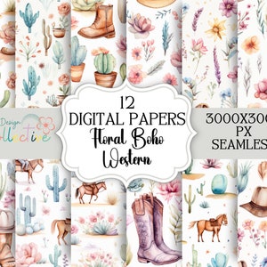 May include: Twelve digital papers featuring a floral boho western theme. The papers feature a variety of designs, including cacti, flowers, boots, hats, and horses. The papers are seamless and 3000x3000 pixels in size.