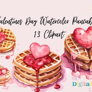 Valentine&#39;s Day Watercolor Waffles Bundle waffle clip art, syrup, strawberries, dessert - Instant Download, Personal Use, Commercial Use