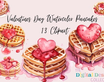 Valentine's Day Watercolor Waffles Bundle waffle clip art, syrup, strawberries, dessert - Instant Download, Personal Use, Commercial Use