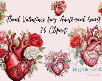 Clipart de corazón floral gótico, ilustraciones anatómicas de San Valentín, ilustraciones digitales PNG, descarga instantánea, uso comercial POD
