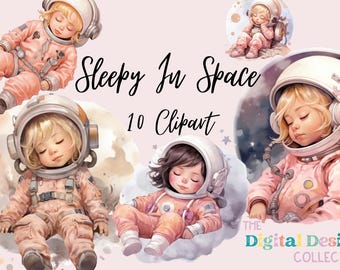 Watercolor Sleepy in Space Bundle Sun Watercolor Clipart, Astronaut Spaceship, Outerspace Clipart, Stars and Moon PNG Instant Download