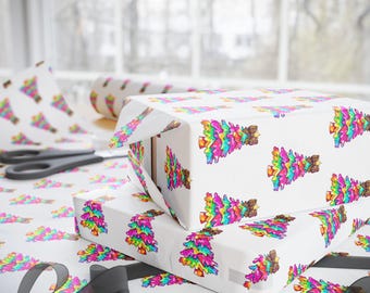 Neon Faux Glitter Rainbow Christmas Tree Wrapping Paper Custom Holiday Gift Wrap, Matte or Glossy Finish
