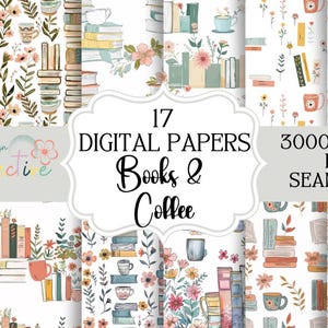 Libros y café, patrón digital repetitivo vibrante, fondo digital, uso comercial, descarga instantánea, POD sin costuras