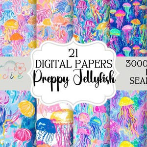 May include: 21 digital papers featuring a preppy jellyfish pattern in bright colors. The papers are 3000x3000 pixels and seamless.