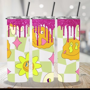 20 oz skinny beker png, naadloze bundel sublimatie beker ontwerp, retro smiley magere beker sjabloon, retro lente beker wrap