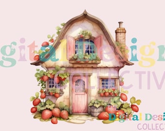 Strawberry House Clipart, New home gift, Watercolor Clip Art, Printable PNGs, Instant Download, Commercial Use, Sublimination