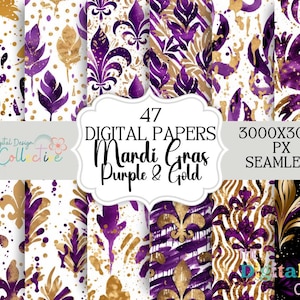 May include: 47 digital papers featuring a Mardi Gras theme with purple and gold colors. The papers are seamless and 3000x3000 pixels in size.