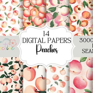 Könnte beinhalten: Eine Sammlung von 14 digitalen Papieren mit Pfirsichmustern. Die Muster zeigen ganze Pfirsiche, Pfirsichscheiben und Pfirsichzweige mit grünen Blättern. Der Text "Peaches" und "3000x3000 PX SEAMLESS" ist enthalten.