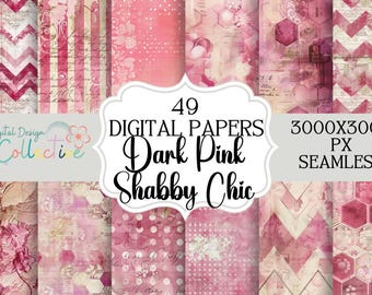 Papeles Shabby Chic de color rosa oscuro sin costuras, patrón digital repetido, fondo digital, uso comercial, descarga instantánea, POD sin costuras