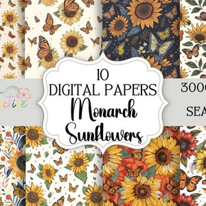 May include: 10 digital papers featuring a seamless pattern of monarch butterflies and sunflowers in various colors, including yellow, orange, brown, and white. The papers are 3000x3000 pixels.