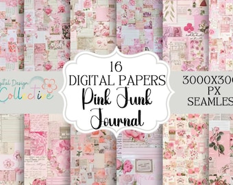 Paquete de papeles digitales Shabby Chic rosa sin costuras, papel digital Shabby Chic, papel digital de rosas rosas, rosa Shabby Chic