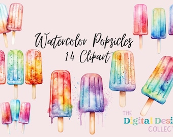 Popsicle Clipart Bundle, Rainbow Icy Poles PNG Commercial Use Colorful Summer Graphics Digital Download Watercolor Popsicle Clip Art Files