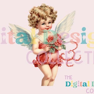 May include: Vintage illustration of a cherubic angel with curly blonde hair, holding a bouquet of red roses. The angel wears a red outfit and has white wings. The background is a light pink with colorful text.