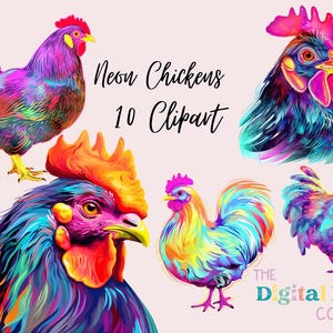 Watercolor Neon Chicken Clipart Bundle Instant Download Crafting Materials, Printable Digital Paper PNG