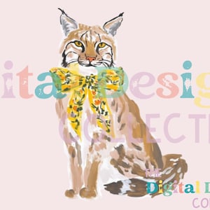 May include: A watercolor painting of a bobcat wearing a yellow floral bow. The bobcat is sitting on a pink background with the text "The Digital Design Collective" in rainbow colors.