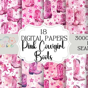 May include: 18 digital papers featuring pink cowgirl boots with pink stars on a white background. 3000x3000 px seamless.