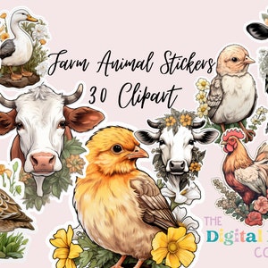 Floral Farm Animals Sticker Clipart, Illustrations, Poultry Art for commercial use, Instant download, POD