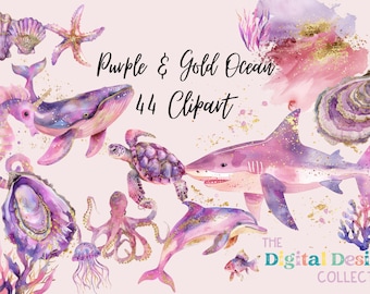 Purple & Gold Whimsical Ocean Clipart Rainbow Ocean Creatures, Fish, Dolphin, Castle, Octopus, Seaweed, PNG