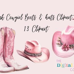Roze girly cowgirl laarzen hoeden clipart, plattelandsmeisje roze hoed, afdrukbare digitale download, cowboylaarzen sublimatie png, POD clipart