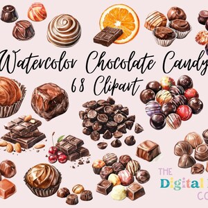 Peut inclure: Illustration aquarelle de 68 bonbons au chocolat de formes et de tailles variées. Les bonbons sont peints dans des tons de brun et de blanc, certains présentant un motif en spirale. L'illustration comprend des barres de chocolat, des pépites de chocolat et une variété de bonbons au chocolat.