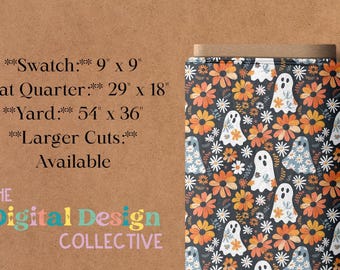 Floral Ghost Halloween Fabric By The Yard, Witch Fabric, Ghost Fabric, Custom Printed Fabric By The Yard 100% Cotton