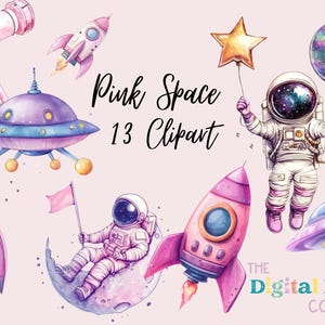 Bundle de cliparts espace rose aquarelle, clipart fille pastel astronaute chambre d'enfant, astronaute, vaisseau spatial, fusée, étoiles, lune PNG, instantané