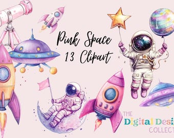 Watercolor Pink Space Clipart Bundle, Pastel Girl Astronaut Nursery Clipart, Astronaut, Spaceship, Rocket, Stars, Moon PNG, Instant