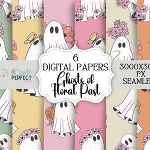 May include: Six digital paper designs featuring a seamless pattern of ghosts with floral wreaths and butterflies. The text "6 DIGITAL PAPERS Ghosts of Floral Past 3000X3000 PX SEAMLESS" is displayed on the image.