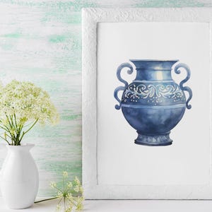 May include: A watercolor painting of a blue and white ceramic vase with a decorative design. The vase is in a white frame and is on a white background.